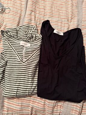 Carly Jean Los Angeles Black V-Neck Tee & Olive Stripe V-Neck Tee